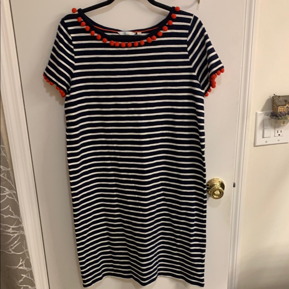 - Boden stripped Dress with Red Pom-Pom Trim in size 10R